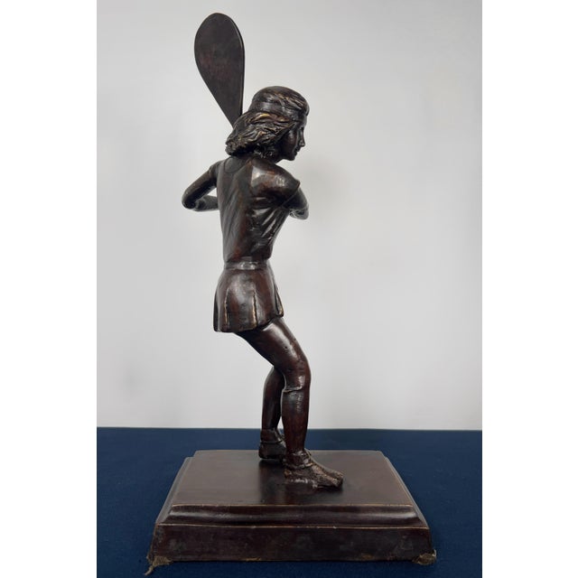 Mid 20th Century Mid Century Modern Solid Cast Brass Tennis Player Statue – Antiqued Patinated Brass Female Athlete Sculpture - Unsigned For Sale - Image 9 of 10
