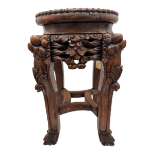 Mid 20th Century Chinese Hand Floral Carved Wood Tabouret/Plant Stand With Marble Inset