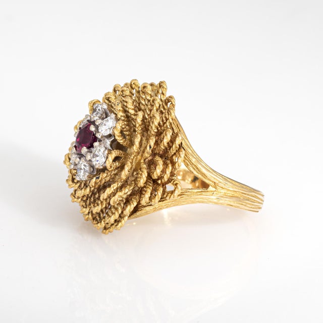 60s Vintage Diamond Ruby Ring Sz 5.25 18k Yellow Gold Flower Cocktail Jewelry For Sale - Image 4 of 7