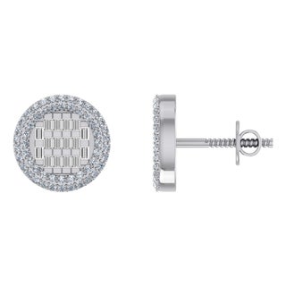 10K White Gold Round Baguette Diamond Halo Designer Earring 5/8 Cttw, A Pair For Sale