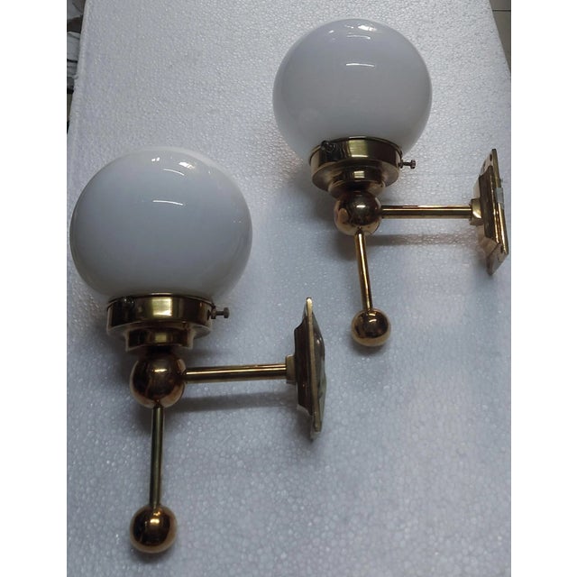 Vintage 1940s Art Deco Wall Sconces Fixture in Brass & Milk Glass Shade Ship Light - a Pair For Sale - Image 4 of 6