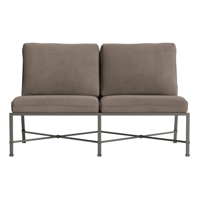 Brown Jordan Venetian Armless Loveseat, Mica frame with Fusion Taupe fabric For Sale