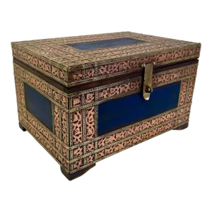 Vintage Indian Hand Made Wood & Mixed Metal Bound Hammered Copper & Brass Box