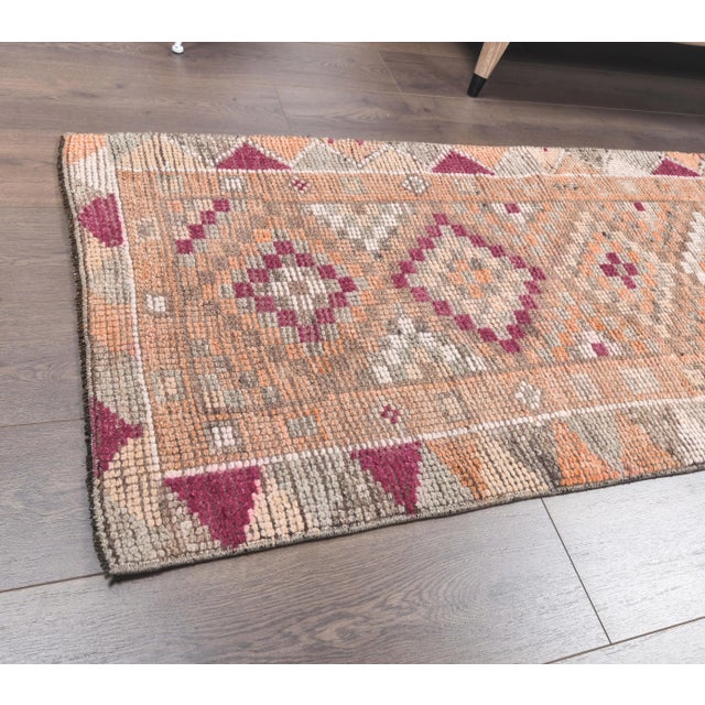 2'5x12'8 Vintage Orange Geometric Turkish Hand-Knotted Runner Rug For Sale - Image 4 of 9