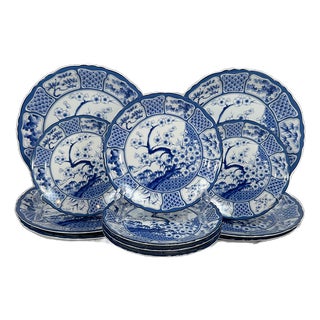 1980s Gumps of San Francisco Blue & White Japanese Porcelain Dinnerware Plates- Set of 12 For Sale
