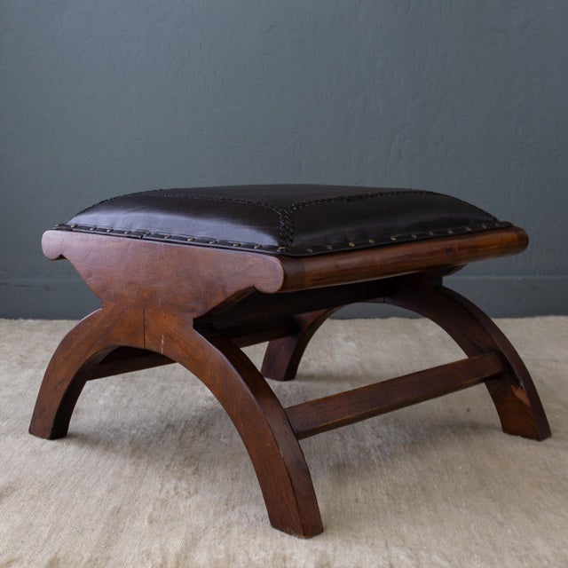 Coffee Leather and Rosewood X Frame Ottoman or Footstool With Brass Nailhead Trim For Sale - Image 8 of 13