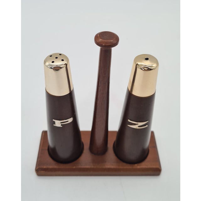 Mid-Century Modern Vintage Teak Salt and Pepper Set with a Stand, Netherlands, 1960s, Set of 3 For Sale - Image 3 of 9