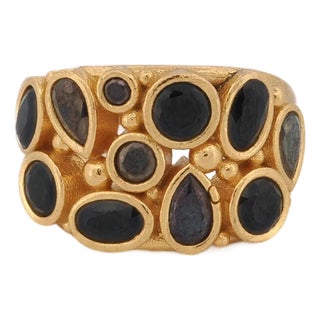Teardrop Onyx Stone & Gold Adjustable Statement Ring, Size 4 For Sale