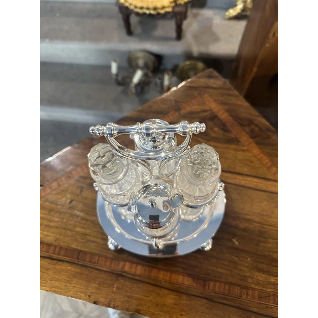 English Sheffield Oval Cruet in Excellent with Four Engraved Glass Bottles, Set of 5 For Sale - Image 6 of 9