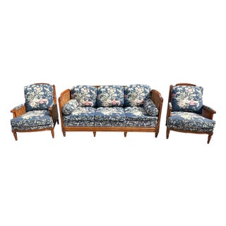 1900s French Louis XVI Style Solid Walnut Caned Sofa With 2 Lounge Chairs - Set of 3 For Sale