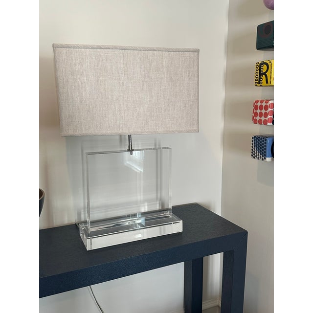 Designer Modern Acrylic Block Table Lamp With Rectangular Fabric Shade – Minimalist Elegance For Sale In Chicago - Image 6 of 8