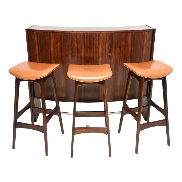 Vintage Danish Drinks Bar and Stools by Erik Buch and Johannes Andersen from Dyrlund, 1960, Set of 4 For Sale