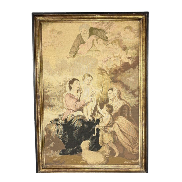 Large Vintage Woven Tapestry "The Holy Family With a Little Bird" After Murillo For Sale