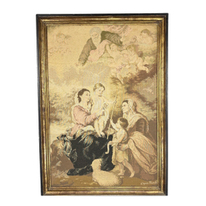 Large Vintage Woven Tapestry "The Holy Family With a Little Bird" After Murillo