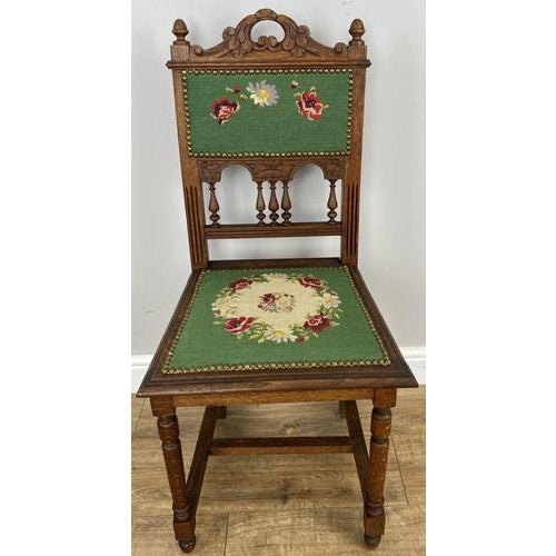Antique French Oak Floral Upholstered Chairs, Set of 2 For Sale - Image 6 of 11