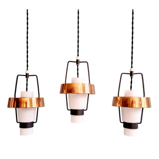 Scandinavian Pendant Lights in White Opaline and Copper Metal, 1960s, Set of 3 For Sale
