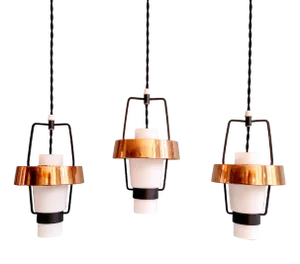 Scandinavian Pendant Lights in White Opaline and Copper Metal, 1960s, Set of 3