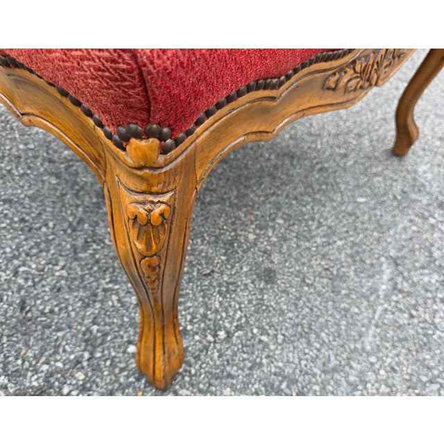 Vintage Baker Furniture French Provincial Louis XV Carved Walnut Oversized Wingback Fauteuil & Ottoman, Circa 1960s, Requires Reupholstery For Sale - Image 11 of 16