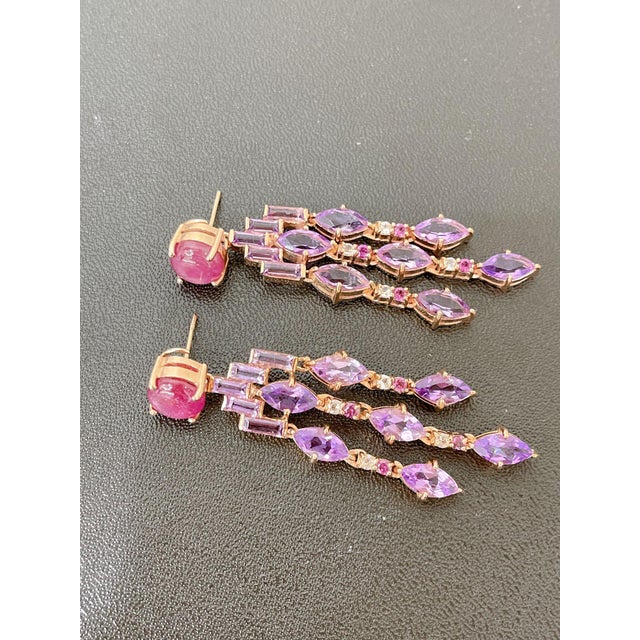 Traditional Bochic “Capri” Vintage Ruby & Purple Amethyst Earrings Set in 18K Gold & Silver For Sale - Image 3 of 15