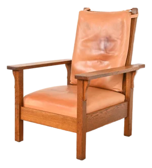 Gustav Stickley Antique Mission Oak Arts & Crafts Open Arm Reclining Morris Lounge Chair, Circa 1910
