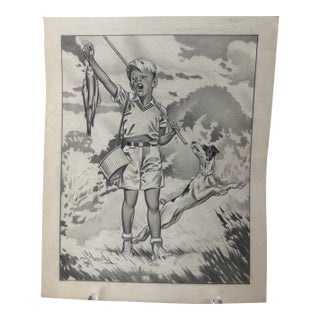 1940s Original Signed Graphite Illustration of Boy Fishing With Dog, 12 × 9.5 In. For Sale