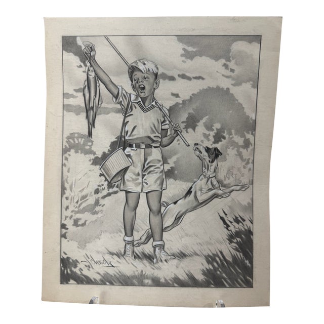 1940s Original Signed Graphite Illustration of Boy Fishing With Dog, 12 × 9.5 In. For Sale