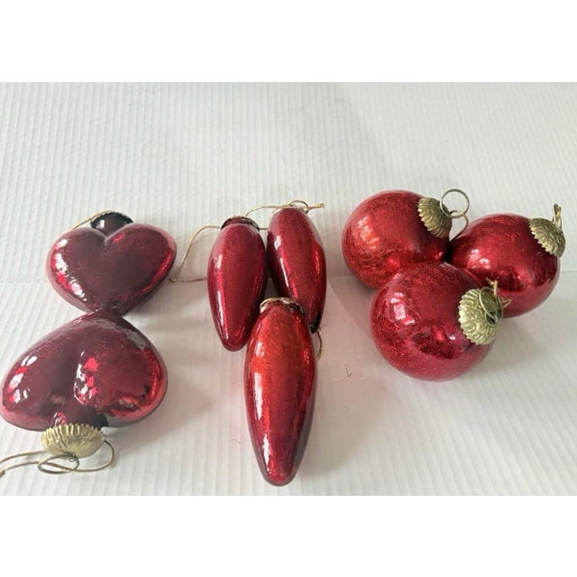 1990s Vintage(8)Christmas Crackle Glass Kugel Style Ornaments Hearts,balls,teardrop Ruby Red Christmas Holiday Decor For Sale - Image 5 of 12