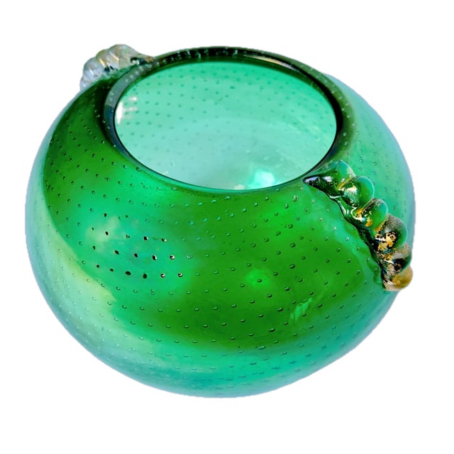 Vintage Vernini style green Murano bubble glass vase with blown ribbon and gilt infused glass handles. Embedded air bubble...