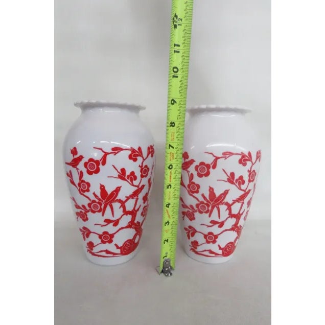 Anchor Hocking Anchor Hocking Red Birds Cherry Blossoms Milk Glass Vases a Pair For Sale - Image 4 of 11