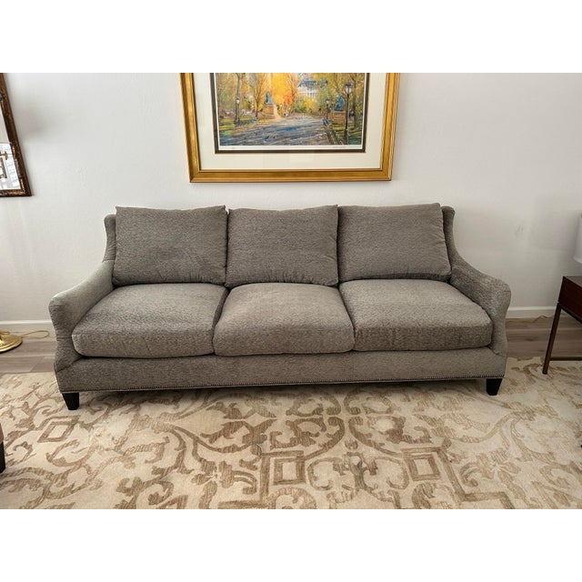 Hamilton Sofa by Bernhardt Furniture in excellent condition upholstered in grey/blue/tan velour type fabric and outlined...
