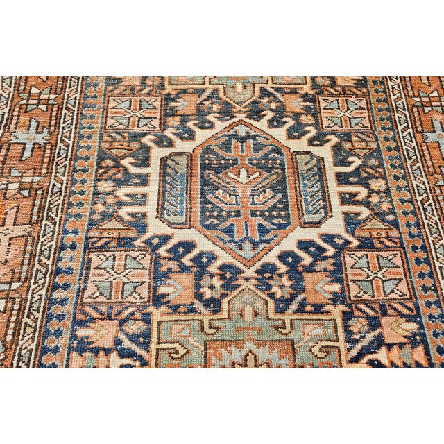 19th Century Persian Heriz Karajeh Rug, Hand-Knotted Wool, Geometric Pattern, Blue & Green, 4x5 For Sale - Image 10 of 16