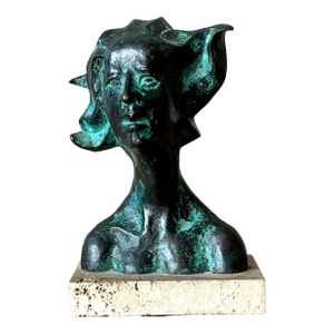 Vintage Boho Patinated Bronze Bust of Woman