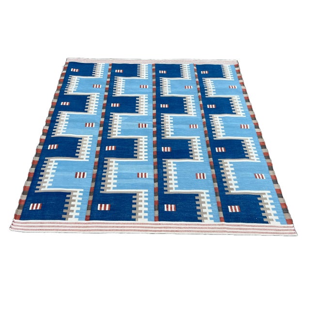 Handwoven Cotton Area Rug, Natural Vegetable Dyed, Blue, Beige, Cream & Red Geometric Dhurrie - 10'x14' For Sale - Image 9 of 10