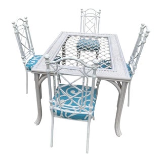 1970s White Wicker Dining Table With Metal Chairs and Blue Accent Cushions For Sale