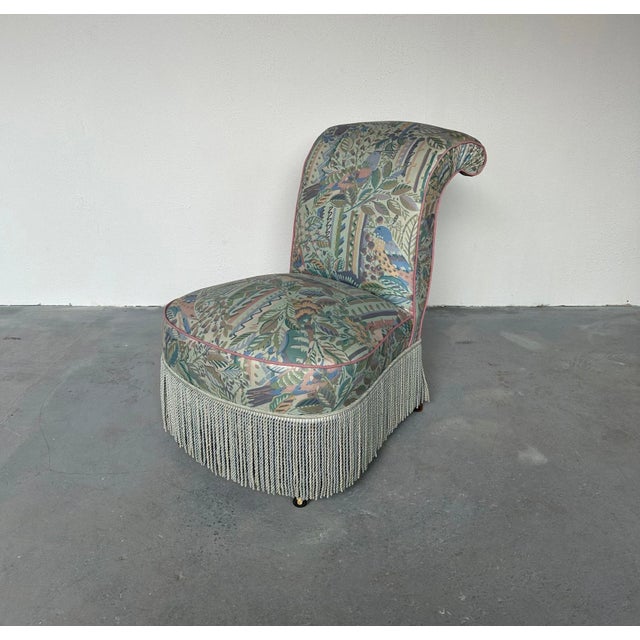French Scrolled Back Napoleon III Slipper Chair With Fringe For Sale - Image 10 of 11