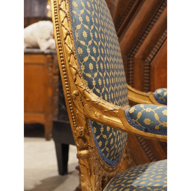 Teal Pair of 19th Century French Giltwood Louis XVI Style Médaillon Armchairs For Sale - Image 8 of 12