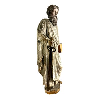 Hand-Carved Statue of Saint Paul with Sword, Late 1700s, Oak & Metal For Sale