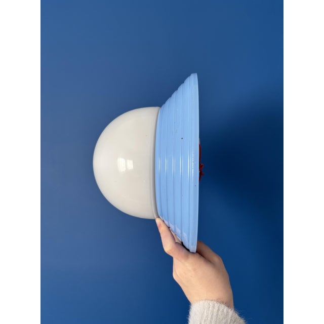 Vintage Blue Metal Wall Light with Opaline Globe 1970s Design Light Fixture For Sale - Image 3 of 9
