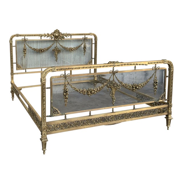 19th Century French Belle Époque Full Bronze Iron Brass and Glass Bedframe For Sale