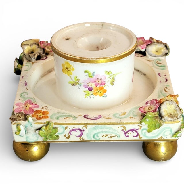 Gold Antique German Porcelain Inkstand with Schneeballen Decoration, 1800 For Sale - Image 8 of 11