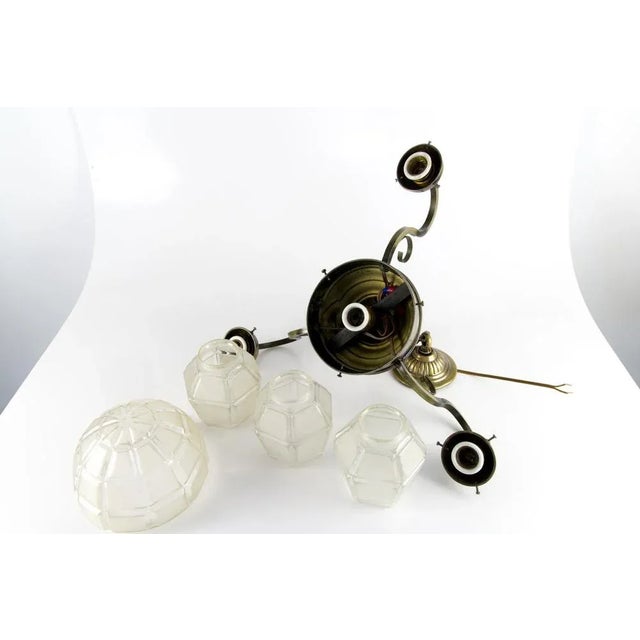 Art Deco French Brass & Frosted Glass 4-Light Chandelier, 1920s For Sale - Image 12 of 18