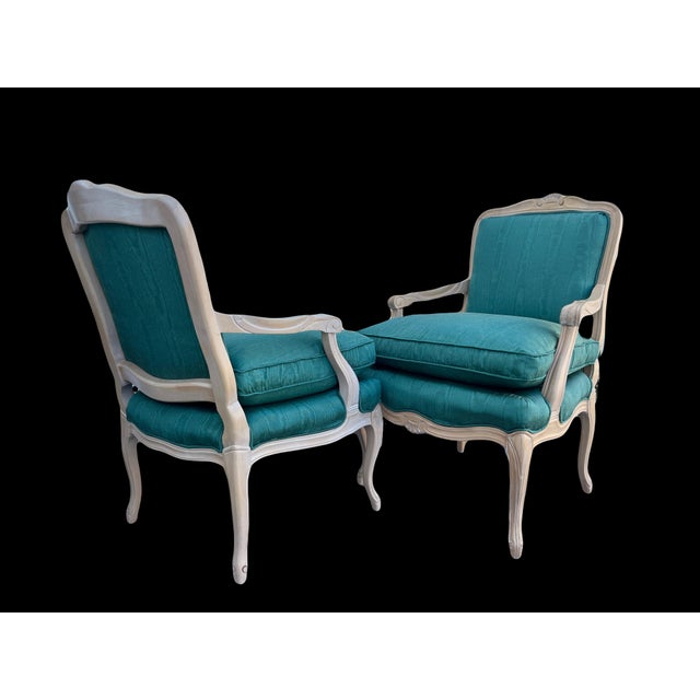 Textile French Style Bergere Armchairs With Teal Upholstery by Sam Moore, a Pair For Sale - Image 7 of 14