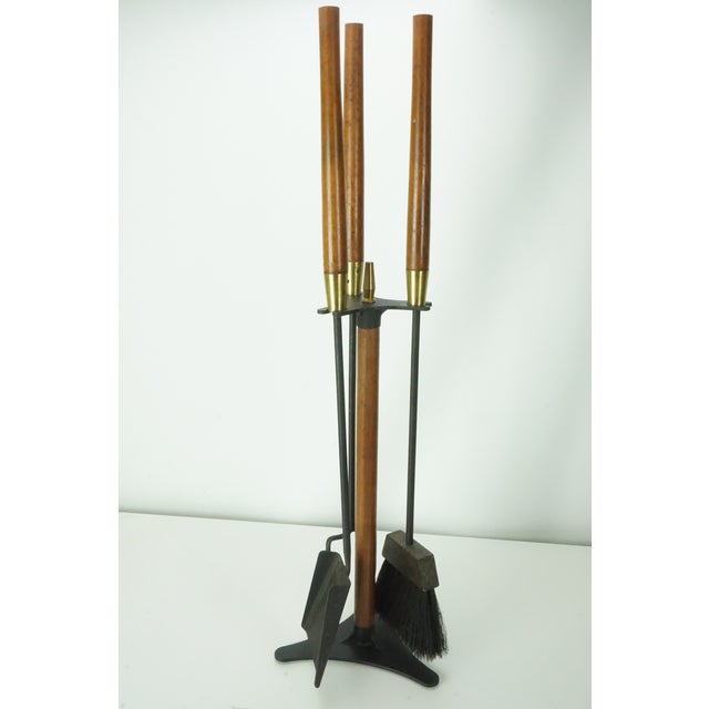 Mid-Century Modern Seymour Mid Century Modern Fireplace Tool Set Wood Brass Black Iron 4 Piece Stand For Sale - Image 3 of 6