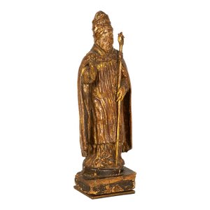 Very Fine Carved Polychromed Figure of a Bishop Saint, Circa 17th Century