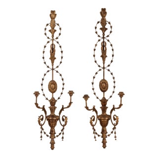 1920s Large Antique Italian Gilt Wood and Metal Neoclassical Wall Sconces - a Pair For Sale