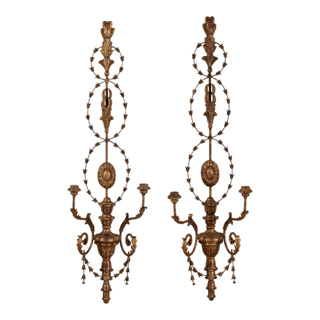 1920s Large Antique Italian Gilt Wood and Metal Neoclassical Wall Sconces - a Pair For Sale