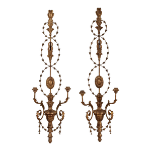 1920s Large Antique Italian Gilt Wood and Metal Neoclassical Wall Sconces - a Pair