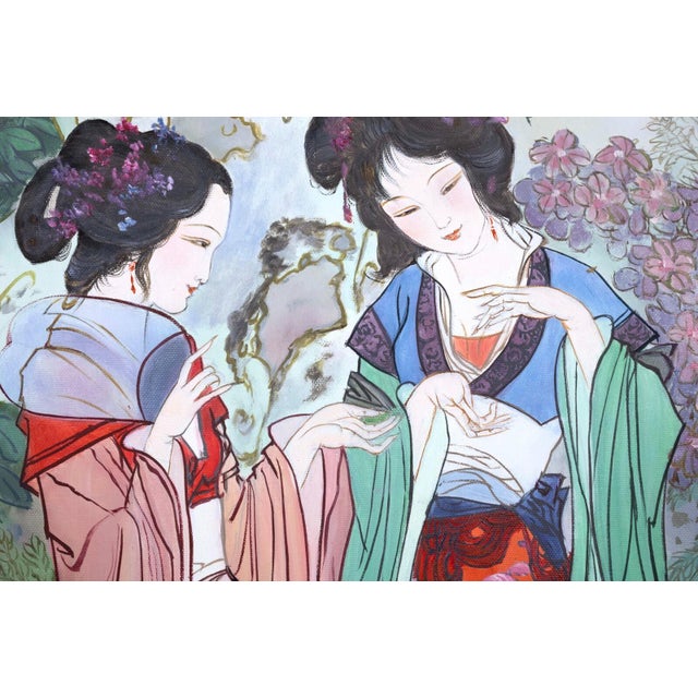 2010s Hua Sanchuan Viewing Flowers Contemporary Figurative Asian Acrylic Painting on C For Sale - Image 5 of 8