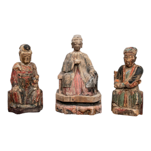 19th Century Antique Chinese Folk Art Hand Carved Figurine Sculptures—A Trio