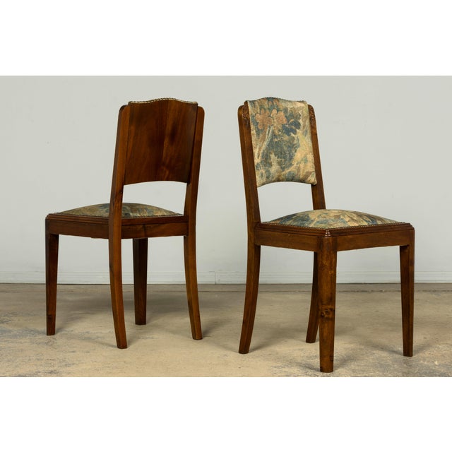 Wood Set of 12 French Art Deco Walnut Dining Chairs With Botanical Upholstery, 1930s For Sale - Image 7 of 18